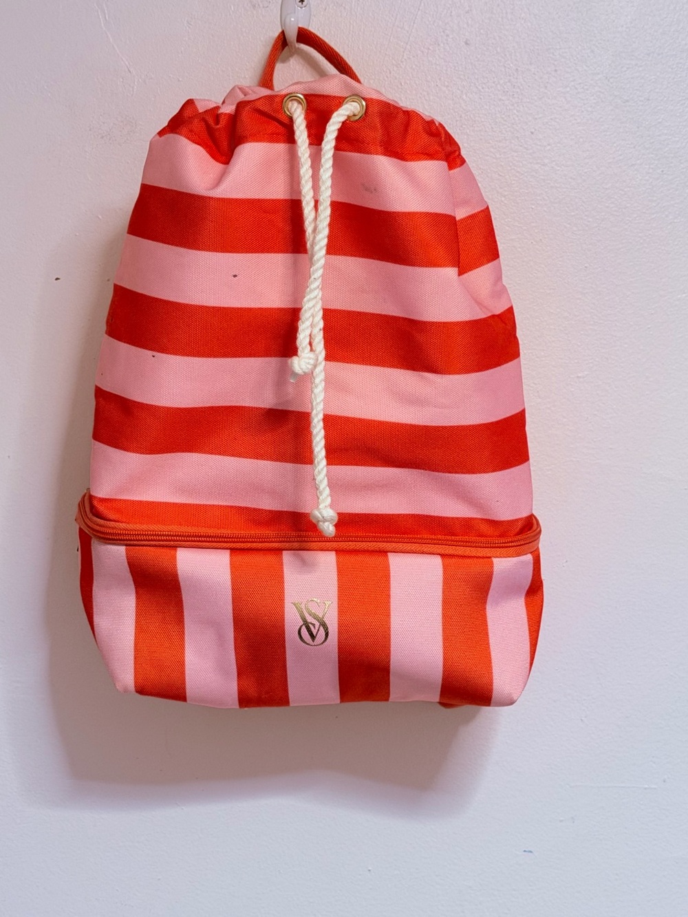 Striped Pink and Red Drawstring Backpack - Victoria's Secret Accent lunch cooler